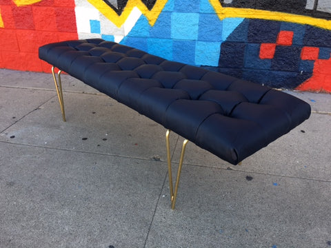CUSTOM TUFTED LEATHER AND BRASS BENCH
