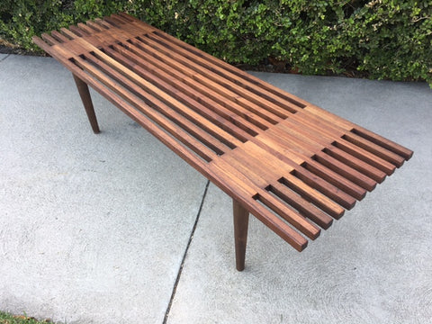 Mid Century Walnut "Slat" Bench W/ Cushion Mid Century Walnut "Slat" Bench W/ Cushion