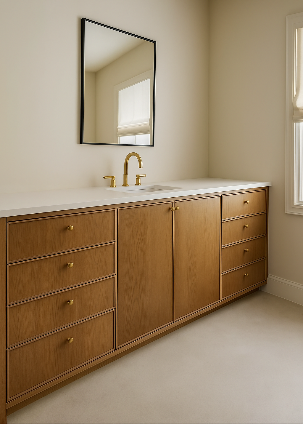 Bathroom vanity with wooden cabinets, white countertop, and gold fixtures.