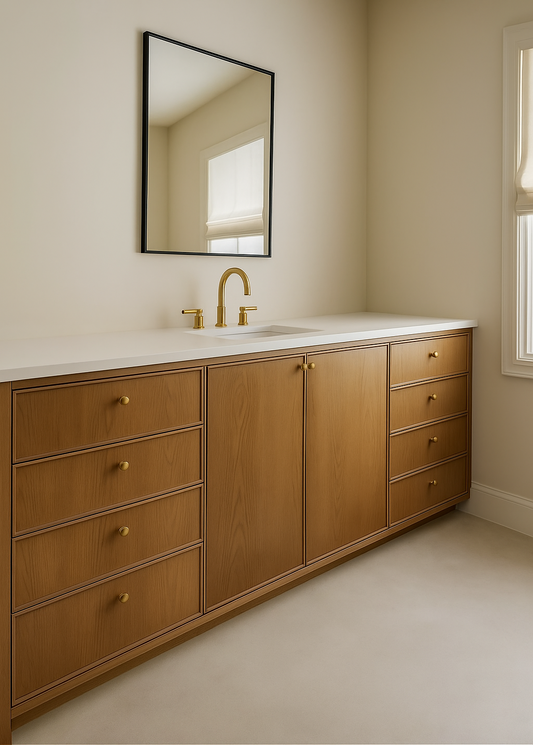 Bathroom vanity with wooden cabinets, white countertop, and gold fixtures.