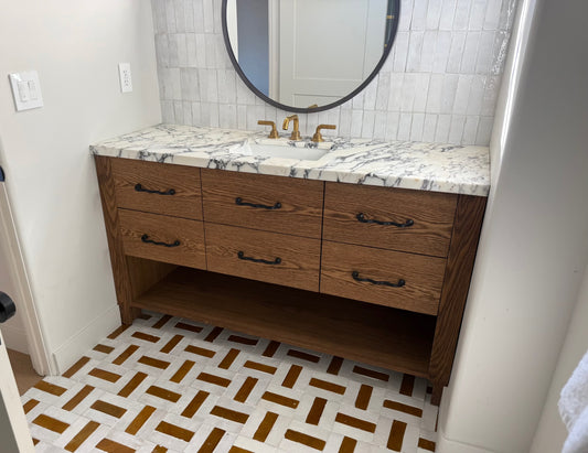 60” White Oak Single Sink Vanity with Open Shelf