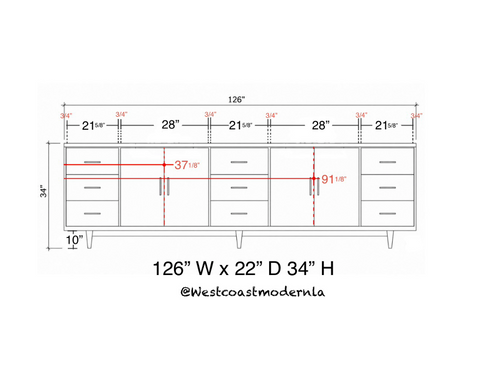 126” American Walnut Bathroom Vanity 9 Drawers