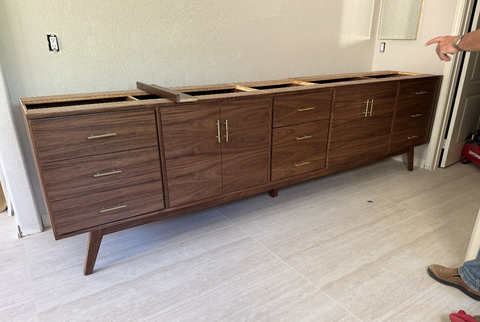 126” American Walnut Bathroom Vanity 9 Drawers