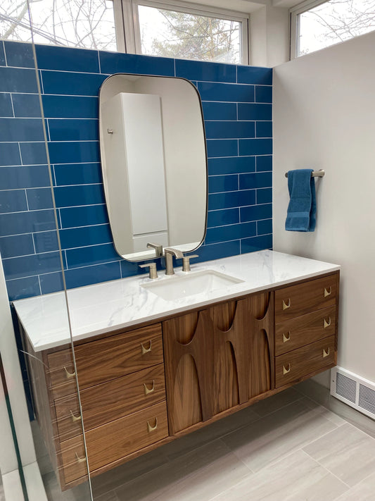 60” Walnut Floating Bathroom Vanity – Custom Mid Century Brasilia Design