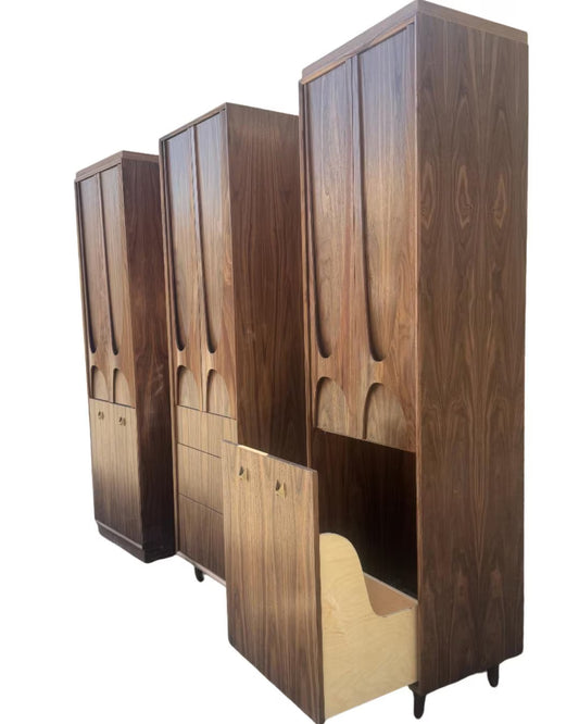 26" Brasilia Style Linen Cabinet – Tall Mid Century Walnut Storage Cabinet with Sculpted Doors