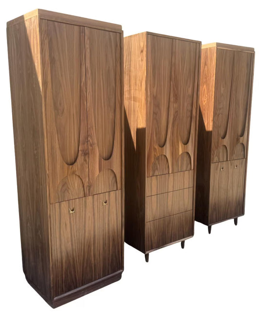 26" Brasilia Style Linen Cabinet – Tall Mid Century Walnut Storage Cabinet with Sculpted Doors