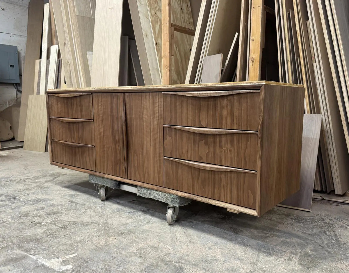 68" Mid Century Walnut Floating Vanity | Sculptural Modern Wall Mounted Cabinet