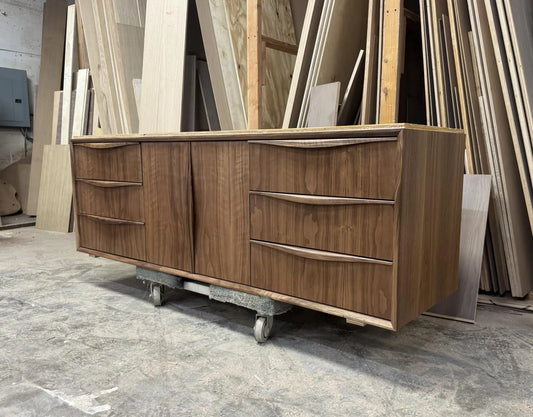 68" Mid Century Walnut Floating Vanity | Sculptural Modern Wall Mounted Cabinet