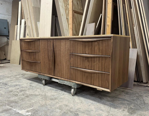 68" Mid Century Walnut Floating Vanity | Sculptural Modern Wall Mounted Cabinet