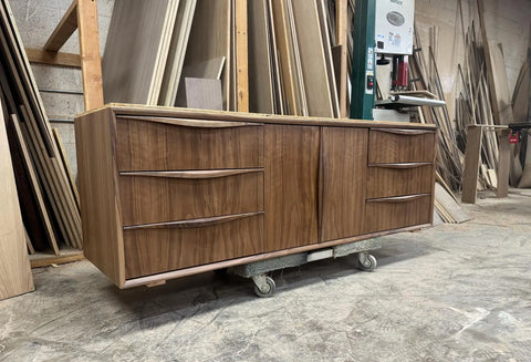 68" Mid Century Walnut Floating Vanity | Sculptural Modern Wall Mounted Cabinet