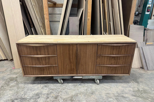 68" Mid Century Walnut Floating Vanity | Sculptural Modern Wall Mounted Cabinet
