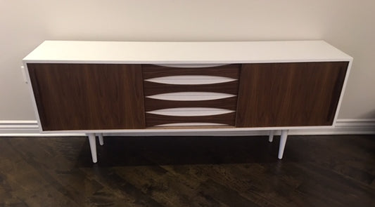 72" CUSTOM "BOWTIE" WALNUT CREDENZA -WHITE LACQUERED