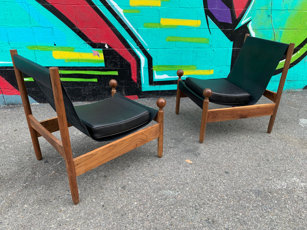 Custom “Safari Style” Leather Walnut Sling Chairs