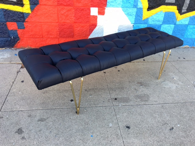 CUSTOM TUFTED LEATHER AND BRASS BENCH
