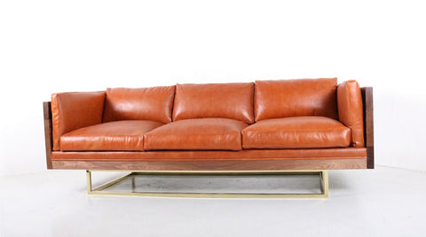 Custom Walnut " Milo Case " Leather Sofa (Brass Upgrade)