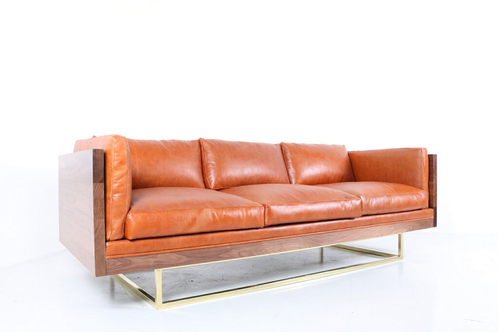 Custom Walnut " Milo Case " Leather Sofa (Brass Upgrade)
